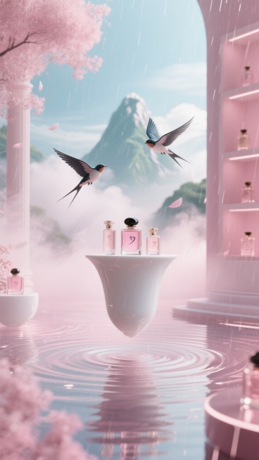 梦幻粉烟笼青峰，3D飞鸟掠水成涟漪，白瓷展台悬浮，七夕香氛陈列于粉光雨预览效果