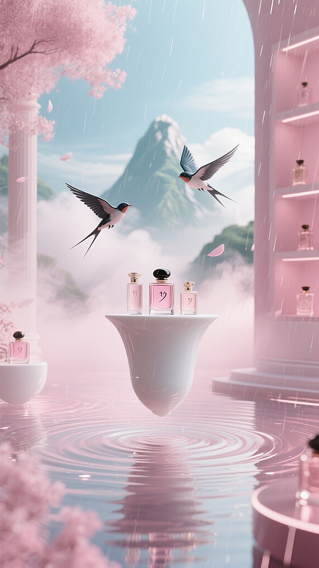 梦幻粉烟笼青峰，3D飞鸟掠水成涟漪，白瓷展台悬浮，七夕香氛陈列于粉光雨