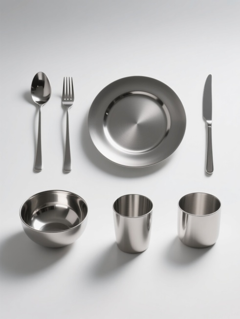 六个不同的现代简约风格餐具，包括勺子、叉子、刀子、盘子、碗和杯子，均为光滑的不锈钢材质，呈现出高度反光的金属质感，每个餐具都有清晰的高光和柔和的阴影，它们被规整地排列在纯白色的纯色背景上，整体构图简洁有序，没有任何文字、logo或水印。预览效果