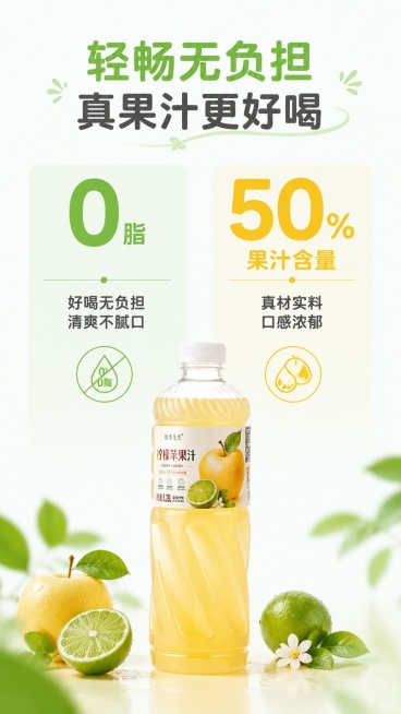 [第3屏] 核心卖点对比屏-展示柠檬苹果汁0脂和50%果汁含量核心优势，本屏使用【图1】作为产品主体
[氛围/风格] 简约清爽信息风，浅色背景，清晰信息层级，干净通透
[元素布局] 屏幕上方大字体突出预览效果