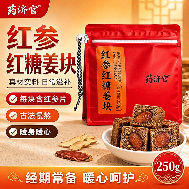 [单张主图] 药济官红参红糖姜块电商主图，爆款促销感路线，1:1正方形，目标是3秒内传达产品名称、核心卖点和品质感，刺激点击转化。

[参考比对] 参考图为红色袋装红糖姜块+女性模特+白碗红糖的左右构图，暖黄色渐变背景。本次差异化：去掉人物模特，构图改为左文右品标签参数型，视角改为平视微俯，场景改为温馨厨房台面，文字精简为核心卖点，保留红色袋子包装和暖红色调体系。

[画面主体] 画面右侧偏中位置，一袋红色自立拉链袋包装的红参红糖姜块直立摆放，袋子为鲜艳正红色，左侧有橙黄色竖条标签，上面竖排写着"红参红糖姜块"黑色大字和拼音，袋子正面中间有黑色"药济官"品牌名和注册商标符号，袋口有白色拉链封口和黑白编织挂绳，袋子材质有哑光塑料质感，自然挺立有立体感。袋子前方偏右位置，一个白色陶瓷小碗中盛放着4-5块方形红糖姜块，红糖块呈深褐色，表面粗糙有颗粒感，每块红糖中清晰可见嵌入的红参片和姜丝颗粒，切面纹理丰富，真材实料感强。产品主体占画面约55%，包装完整不裁切。

[构图版式] 采用左文右品标签参数型版式。左侧约40%区域为文字信息区，右侧约60%为产品展示区。信息层级：主标题 > 卖点标签 > 产品主体 > 底部权益条。

[场景元素] 背景为暖红色到浅橙色的渐变背景，上深下浅，有柔和的光晕效果。产品放置在浅米色的厨房台面上，台面有细微的纹理质感。红糖碗旁边散落2-3片干姜丝和一小块红参片作为点缀。背景中隐约可见模糊的中式窗格光影，增添温馨氛围。左上角有"药济官"品牌Logo，白色字体配红色底块。

[文案版式] 左上角品牌位："药济官"白色小字Logo。左侧中上部主标题："红参红糖姜块"6个大字，分两行排列，粗黑体，红金渐变立体字效果，字号最大，视觉冲击力强。主标题下方一行小字："真材实料 日常滋补"，深棕色细黑体。主标题下方排列3个圆角矩形卖点胶囊标签，从上到下依次是：第一个红底白字"每块含红参片"，第二个橙底白字"古法慢熬"，第三个棕底白字"暖身暖心"。每个标签左侧有一个小勾选图标。画面底部有一条橙金色渐变通栏，内部白色文字"经期常备 暖心呵护"，字体圆润。右下角有一个圆形红色印章图案，内部白色"250g"字样。

[光影质感] 商业产品摄影质感，主光从左上方45度角打来，柔和暖光，产品左侧和顶部有自然高光，右侧有柔和阴影。红糖块表面有油润光泽，袋子有塑料材质的轻微反光。整体光线温暖柔和，色彩浓郁饱和，暖色调统一。背景有轻微景深虚化，突出产品主体。

[配色字体] 主色：正红色、暖橙色；辅助色：深棕色、米白色；强调色：金色。主标题用粗黑体，红金渐变立体效果；辅助文案用细黑体，深棕色；卖点标签用圆角胶囊形，配色与主色系统一。

[比例分辨率] 1:1正方形比例，2K分辨率，文字清晰可辨，产品细节锐利。

[负向提示词] 禁止人物模特出现，禁止变形，禁止水印，禁止错字糊字，禁止伪Logo，禁止主体遮挡，禁止背景杂乱，禁止低清晰度，禁止错误结构，禁止悬浮感，禁止穿模，禁止多余手指。