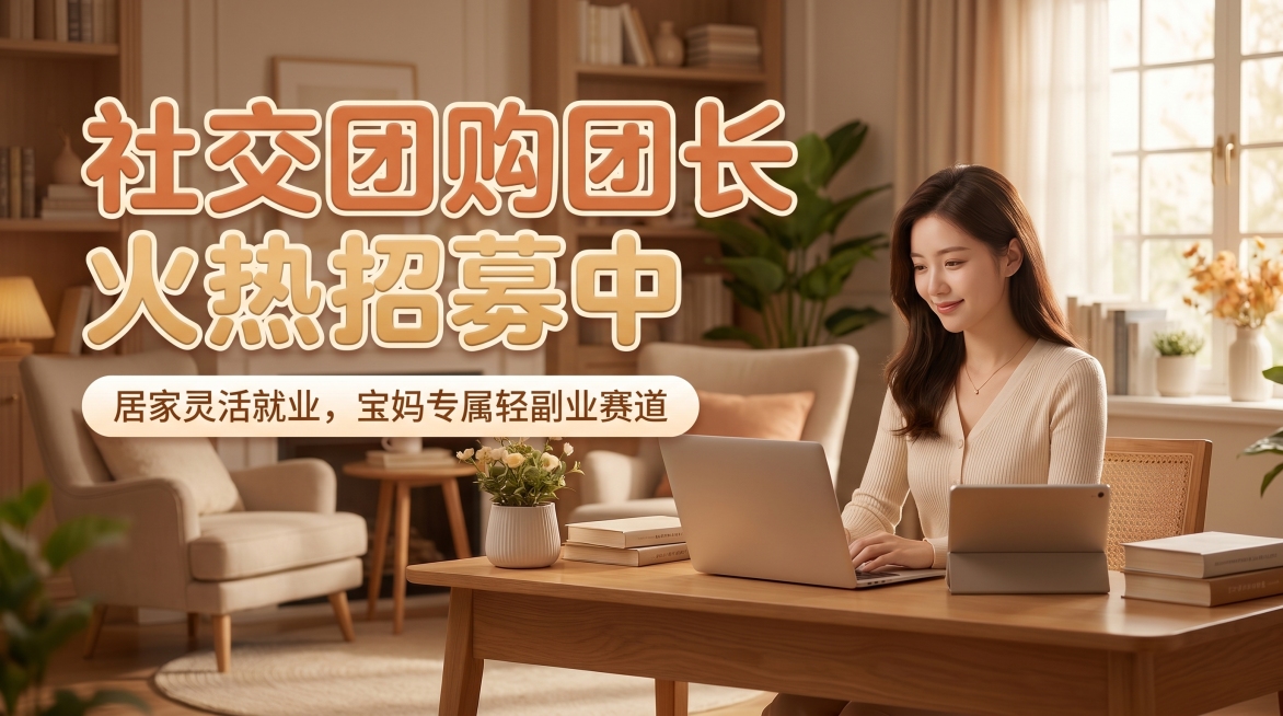 朋友圈横版海报，尺寸1280*720，主题文案为"社交团购团长火热招募中"，副标题为"居家灵活就业，宝妈专属轻副业赛道"。参考提供图片的温暖居家风格，整体高级质感，画面丰富有设计感，主题文字使用圆润字预览效果