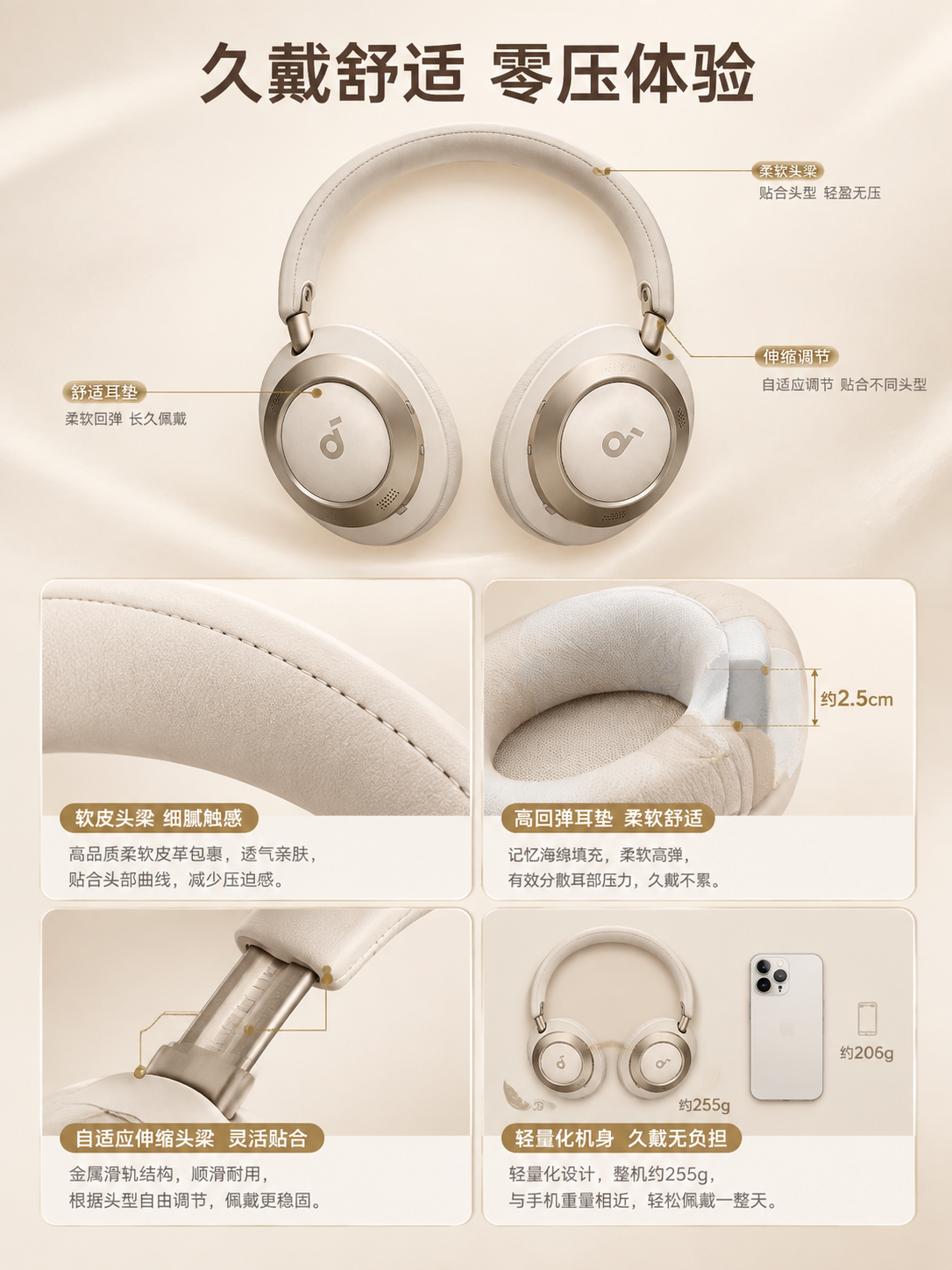 [商品] 使用【图1】奶白轻奢主动降噪头戴式蓝牙耳机；保留全部… - 图片创意预览