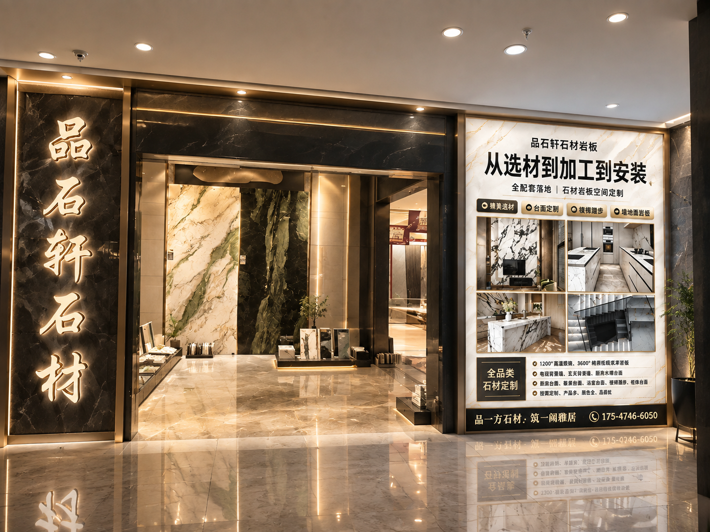 基于这张石材店门脸照片，进行高端化升级设计，保持建筑结构和透视… - 图片创意预览