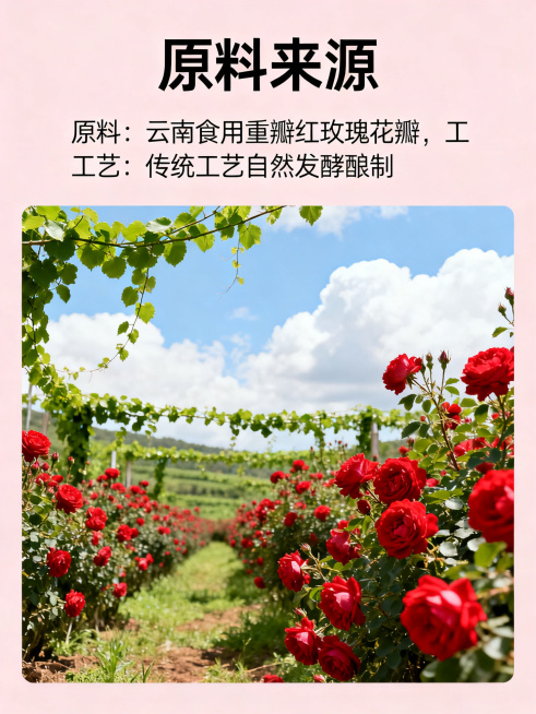 产品详情页，主题为"原料来源"，展示云南食用重瓣红玫瑰田园背景，配文字说明"原料：云南食用重瓣红玫瑰花瓣，工艺：传统工艺自然发酵酿制"，整体清新自然风格，文字排版清晰预览效果