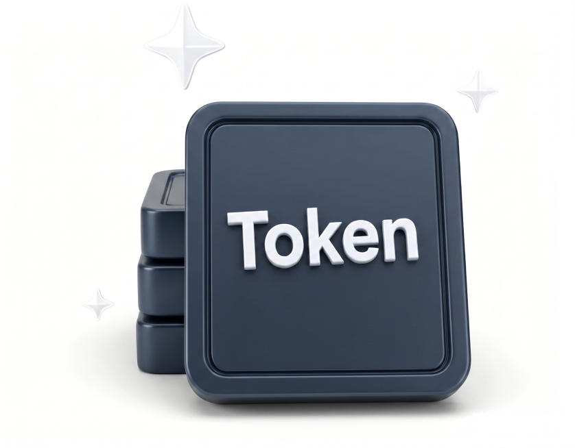 将该图片转换为正面视角，保持图中的Token文字不变，保持深蓝色圆角方形方块堆叠的3D风格和点缀的星形闪光元素，白色背景不变预览效果