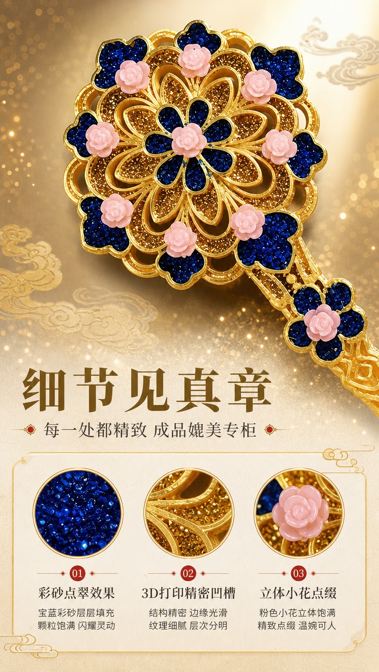 [商品] 使用【图7】团花款3D打印发簪成品头部特写；保留团花… - 图片创意预览