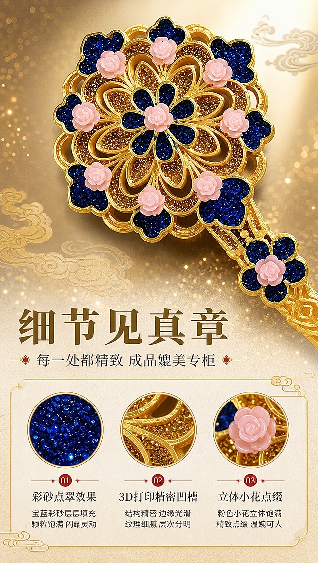 [商品] 使用【图7】团花款3D打印发簪成品头部特写；保留团花造型、金色花瓣结构、蓝色彩砂填充、粉色小花装饰、整体纹理和颜色；商品处理：保留原貌，微距增强彩砂颗粒质感、金属光泽和小花立体细节。
[画面] 页面目标：细节质感展示，展现工艺精美度。构图：发簪头部特写占据画面中心偏上，占画面70%，下方留白放文字。景别：微距特写。前景：虚化的金色闪粉颗粒飘散；中景：发簪头部主体，清晰展示彩砂填充肌理、金色边框、粉色小花细节；远景：柔焦浅金渐变背景。多角度细节小图点缀在角落。
[视觉] 套系策略：风格=国风新中式轻奢商业摄影；标题字=宋体衬线粗体（国风典雅）；正文字=简洁无衬线体；主色=鎏金+宝蓝；背景延展=基于鎏金、宝蓝做深浅层级渐变，搭配暗纹祥云、宣纸质感底；强调色=朱砂红，仅用于小面积标签、引线和重点字；标题色=深金色；正文色=深棕灰；组件=金色描边圆角信息卡、云纹引线、圆点装饰；光影=顶侧柔光，突出彩砂颗粒立体感和金属反光。
[文字] 主标题：细节见真章；副标题：每一处都精致 成品媲美专柜；3个细节卖点：彩砂点翠效果、3D打印精密凹槽、立体小花点缀。文字区位于画面下方1/4处。
[规格] 图片比例9:16竖版，4K分辨率，淘宝/天猫详情页风格，中文简体，避免变形、错字、文字过小、发簪细节失真、颜色改变。