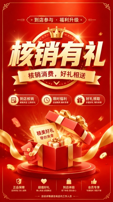 现代商业促销风格海报，红金配色，营造活动氛围，版式精美，画面比例9:16。主标题文案“核销有礼”，副标题文案“核销消费，好礼相送”，装饰文案“到店参与 · 福利升级”。卖点标签：“到店核销”“限时福利预览效果