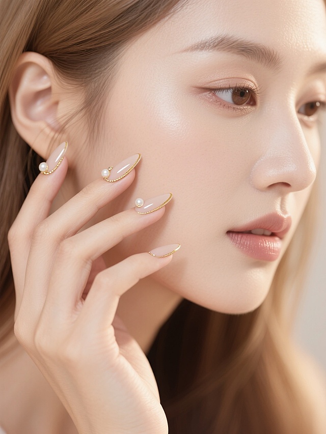 超写实人像摄影，浅香槟色系美甲特写，法式延长甲搭配精致金色线条与珍珠装饰，柔和自然光从侧上方照射，肌肤呈现通透光泽感，细腻的皮肤纹理与指甲光泽形成和谐对比，浅棕色头发自然垂落，女性侧脸轮廓柔和，指尖轻触脸颊的优雅姿态，整体氛围高级优雅，突出美甲的精致细节与质感。