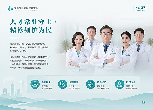 生成和佑高端健康管理中心画册P6专家团队页，风格和参考图一致，简约大气医疗画册设计，主标题"人才常驻守土 · 精诊细护为民"，正文内容："彻底区别行业客座巡诊、临时外聘模式，和佑建立全职在岗、长期驻院、固定执业的稳定专家人才梯队。团队深耕本土多年，熟知属地人群体质特征与高发慢病规律，以审慎诊疗、精细化研判、个体化解读、科学化指导，补齐区域精细化、个性化、全周期健康管理服务短板。"整体采用简洁干净的商务排版，蓝绿色系设计，本土稳定人才梯队基层医疗底气