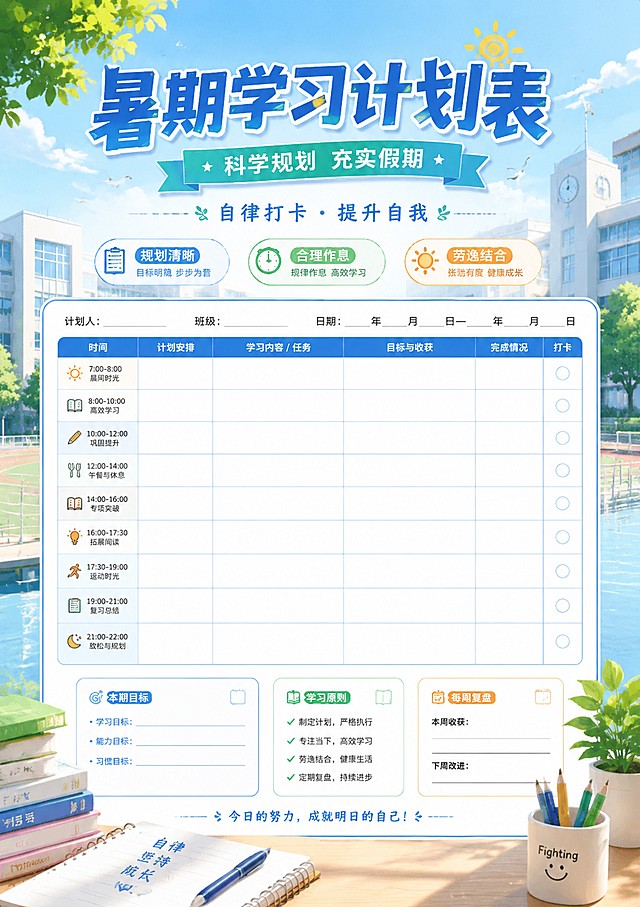 清新活力夏日校园风A3尺寸海报，主标题“暑期学习计划表”，副标题“科学规划 充实假期”，装饰文案“自律打卡 · 提升自我”，卖点标签“规划清晰”“合理作息”“劳逸结合”，整体版式精美分区清晰，背景是浅蓝色夏日校园场景，有书桌笔记本绿植点缀，专业清晰的学习计划表布局，色调清新明亮，风格简约青春，文字清晰可读，版式居中留白舒适，适配A3纸张打印
