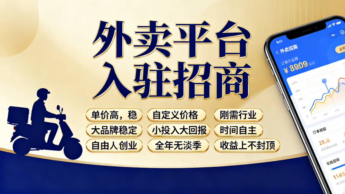 外卖平台入驻招商宣传海报，文案突出"单价高，稳，自定义价格，大品牌稳定，小投入大回报，刚需行业，全年无淡季，自由创业，时间自主，收益上不封顶"，商务招商风格，大气醒目的文字排版预览效果