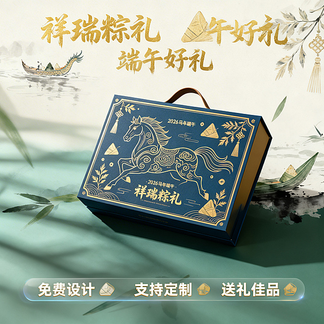 [主图 5] 国风端午定制礼盒送礼场景转化图
[氛围风格] 国潮意境治愈风，大气高级送礼场景。
[画面元素] 商业摄影质感，光线柔和通透，产品清晰真实，画面干净高级。礼盒斜放展示完整正面和侧面提手设计，背景搭配淡淡的水墨龙舟和粽叶元素，营造端午节日氛围，保留产品原有设计外观不变。这是最后一张转化图，展示完整产品和服务承诺。
[配色色系] 主色调：藏青蓝、金色、墨绿色，水墨淡色辅助，整体和谐统一。
[视角构图] 斜放产品，居中构图，满铺无边框。
[文字版式] 底部半透明悬浮条，横向排列，左中右分别是 "免费设计" "支持定制" "送礼佳品"，白色文字搭配金色描边，每个卖点带简约图标，清晰易读不遮挡主体。顶部留出负空间，主标题 "祥瑞粽礼 端午好礼" 金色书法大字。
[比例分辨率] 1:1 比例，2k 分辨率，文字清晰可辨，超高清。
[负向提示词] 变形，水印，文字错乱，产品图模糊，背景杂乱，低俗配色，遮挡主体