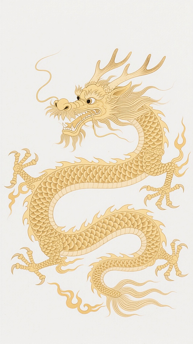 中国传统工笔白描风格的金色龙纹图案，线条细腻流畅，龙身呈S形蜿蜒盘旋，龙首威严，鹿角、虾眼、狮鼻、牛嘴，龙须飘逸，龙鳞层层叠叠排列有序，龙爪刚劲有力，火焰纹环绕龙身，整体构图饱满，气势恢宏，以纯白色为背景，金色线条勾勒出龙的霸气与神圣感，展现出传统祥瑞龙纹的精致与庄重。