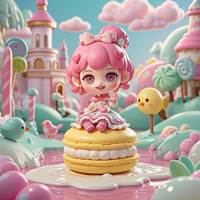 卡通少女，草莓粉卷发，穿着糖霜蝴蝶结连衣裙，坐在巨型马卡龙上。背景是糖果城堡，棉花糖云朵漂浮，小鸟和棒棒糖树木环绕，奶油河流流淌。色彩以粉红、奶黄和薄荷绿为主，甜美马卡龙色调，充满童话美食的梦幻感