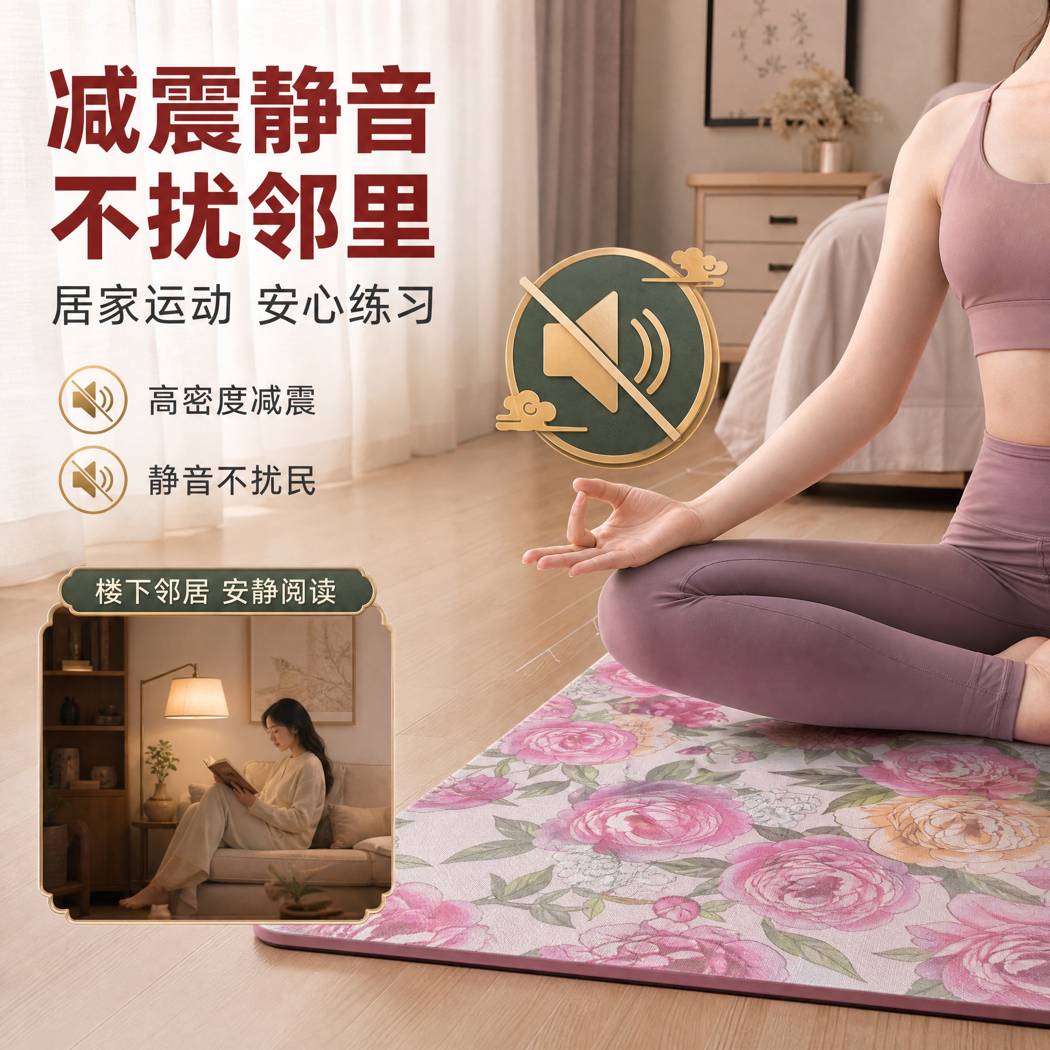 [主图-4] 减震静音效果卖点图，突出居家运动无噪音不扰民，拼… - 图片创意预览