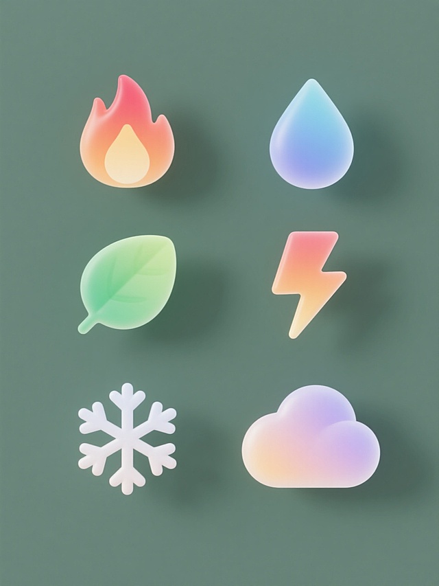 一组六个不同元素的软3D风格图标，规整排布在纯色背景上，每个图标都有独特的渐变色彩和圆润光滑的边缘，元素包括火焰、水滴、树叶、闪电、雪花和云朵，每个元素都保持一致的软3D质感和简洁造型，整体色彩协调且每个图标有区分度，适合作为系列素材使用。