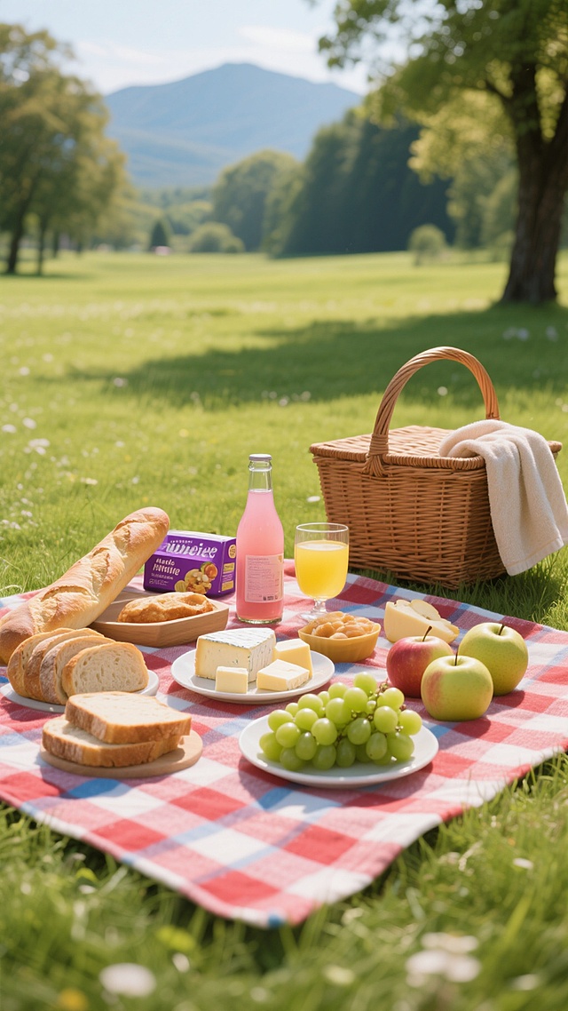 写实风格野餐场景，明亮温暖的自然光，阳光下的绿色草地，远处有树木和模糊的山脉轮廓，一块红白蓝格子的野餐布铺在草地上，上面摆放着各种野餐食物：一整条法棍面包、切片面包、一盘奶酪和面包块、一串绿色葡萄、几个苹果和梨、一盒紫色包装的零食、一瓶粉色饮料、一个装有黄色饮品的玻璃杯，旁边有一个棕色藤编野餐篮，篮子上搭着一条浅色毛巾，整体氛围轻松愉快，色彩鲜艳和谐，细节丰富，食物质感真实，光影效果自然，具有清晰的景深和生活气息。