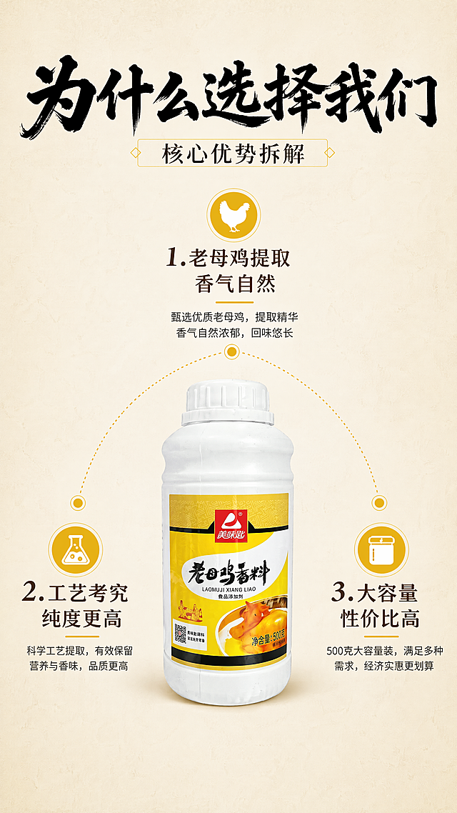 [第7屏] 核心优势拆解，分点介绍选择老母鸡香料的三大理由。本屏使用【图1】作为中心产品。
[氛围/风格] 信息清晰拆解，简约专业，商业设计质感。
[元素布局] 中心放置【图1】老母鸡香料瓶，保持产品外观一致，占画面40%。三个理由分别从中心产品引出，呈辐射状排列在产品上下左右，每个理由配小图标和简短说明，背景为浅米色纹理底。
[光影质感] 均匀布光，产品和文字都清晰明亮，信息层级分明，阅读轻松。
[配色色系] 全局底色 #F5F0E6；产品保持原有配色，理由图标使用黄色点缀，整体配色统一协调。保持一套字形字色，沿用首屏字体和字效规范。
[视角构图] 中心辐射构图，产品居中，三点环绕，信息清晰，主体突出。
[文字版式] 顶部大标题「为什么选择我们」黑色书法字体，三个理由分别为：「1. 老母鸡提取 香气自然」「2. 工艺考究 纯度更高」「3. 大容量 性价比高」，每个理由文字清晰，图标搭配合理，不遮挡主体产品。
[比例分辨率] 9:16竖版比例，4K分辨率，文字清晰可辨，超高清。
[负向提示词] 产品变形，文字错乱，图标模糊，布局混乱，颜色偏差，水印