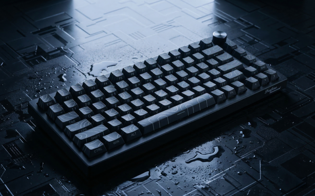将图1的黑色机械键盘放置在图2同款深色科技纹理地面场景中，地面保留科技纹路、水渍与冷调光影效果，黑色键盘的外观、角度与参考图一致，整体呈现冷调科技氛围感，尺寸970*600像素预览效果