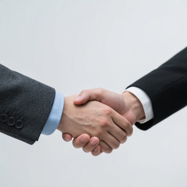 两只手在白色背景下有力相握的特写，左侧穿着深灰色西装外套和浅蓝色衬衫，右侧穿着黑色西装外套和白色衬衫，手部姿态自然且充满信任感，光线柔和均匀，皮肤质感细腻，西装面料纹理清晰，整体画面简洁专业，传达商务合作与友好握手的主题。预览效果