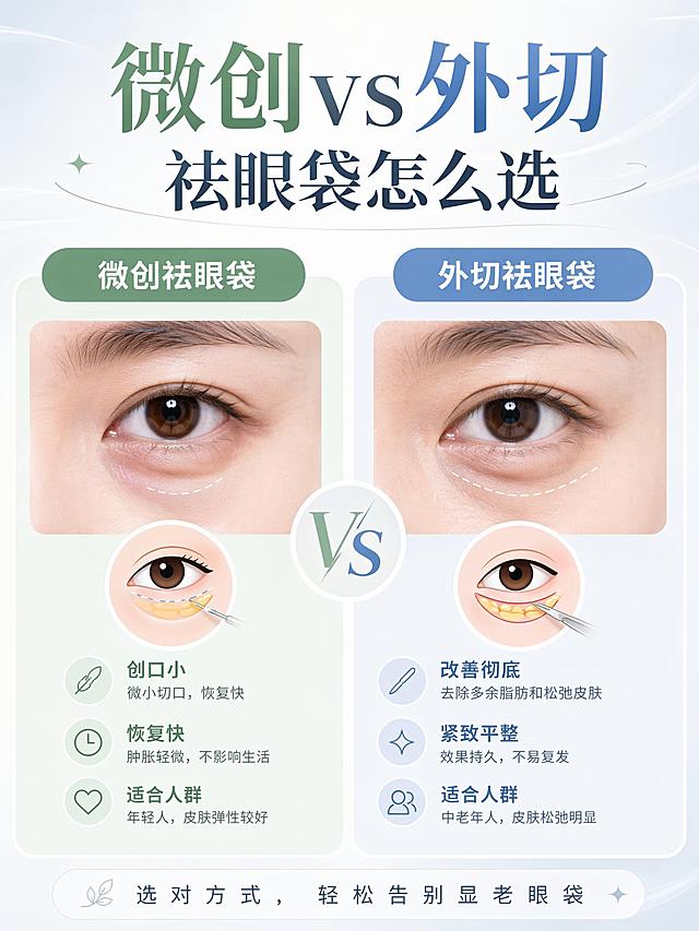 医美科普图文封面图，左右分栏对比布局，左侧区域标注"微创祛眼袋"，右侧区域标注"外切祛眼袋"，顶部大字标题"微创vs外切 祛眼袋怎么选"，底部小字slogan"选对方式，轻松告别显老眼袋"，干净简约医美科普风格，色调统一清新