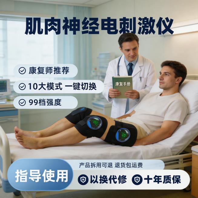 医院康复中心场景，模特半靠在床上使用肌肉神经电刺激仪，医生递来康复手册，画面重点展示“10大模式 一键切换”，上方大字体写“肌肉神经电刺激仪”，旁边标注“康复师推荐、99档强度”，底部保留售后文字，产预览效果