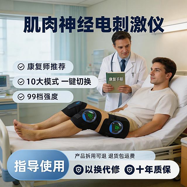 医院康复中心场景，模特半靠在床上使用肌肉神经电刺激仪，医生递来康复手册，画面重点展示“10大模式 一键切换”，上方大字体写“肌肉神经电刺激仪”，旁边标注“康复师推荐、99档强度”，底部保留售后文字，产品与原图一致