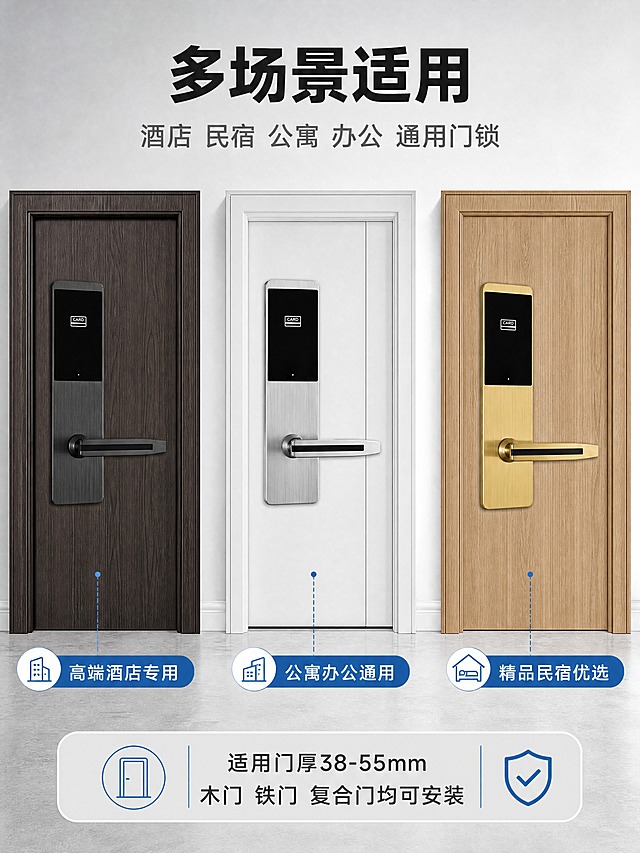 [商品] 使用【图1】银色款、【图2】黑色款、【图3】金色款锌合金酒店刷卡门锁；三款锁分别展示在不同门型场景中，保留各自颜色与结构特征，外观与输入图完全一致。
[画面] 页面目标：场景适配，展示适用门型与空间。构图：上中下结构，顶部标题区，中部三款门锁分别安装在三种门型上横向排列（左=黑色款装在深色实木门上，中=银色款装在白色简约门上，右=金色款装在原木色门上），每款锁下方标注适用场景标签；底部补充适用范围说明条；背景为浅灰渐变到白色，搭配简约室内环境元素（墙面、踢脚线）。
[视觉] 套系策略：风格=专业五金建材商业摄影风；标题字=粗黑体 厚重有力；正文字=简洁无衬线体；主色=深灰+金属银；背景延展=浅灰到白色渐变 细腻磨砂质感；强调色=科技蓝 仅用于小面积图标、引线和标签；标题色=深炭灰；正文色=中灰；组件=圆角浅灰信息卡、细蓝线引线、简约线性图标；光影=室内自然光 门锁融入门体 接触阴影真实自然。
[文字] 顶部主标题「多场景适用」，副标题「酒店 民宿 公寓 办公 通用门锁」；三款锁下方分别标注：高端酒店专用、公寓办公通用、精品民宿优选；底部说明条「适用门厚38-55mm 木门 铁门 复合门均可安装」；所有文字横排，字号清晰手机端可读。
[规格] 图片比例3:4竖版，4K高清，避免变形、错字、文字过小、门锁安装穿模、悬浮感、水印、平台Logo、人物面部。