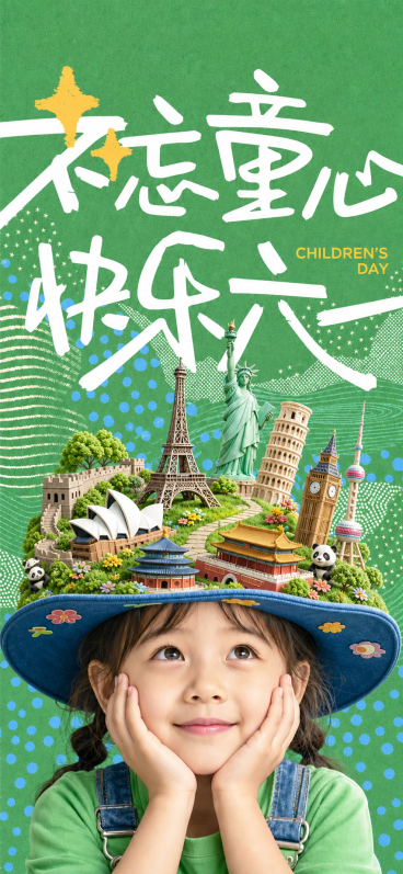 在当前画面帽子的世界著名景点中，再添加几个中国景点的可爱卡通图标，保留整体绿色清新风格、文字排版和小女孩人物不变预览效果