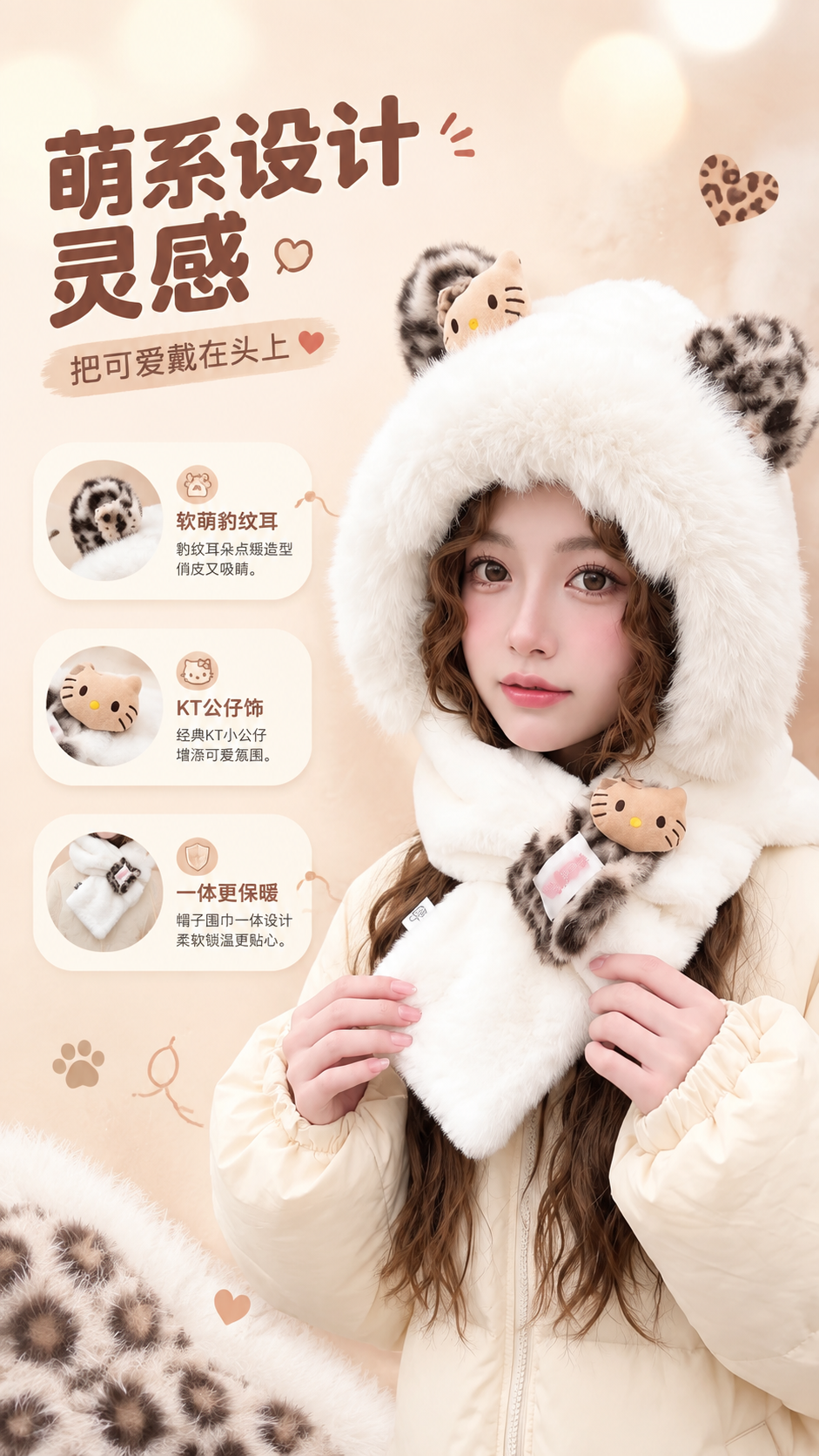 [商品] 使用【图2】奶白色豹纹KT猫耳朵毛绒帽子围巾一体款；… - 图片创意预览