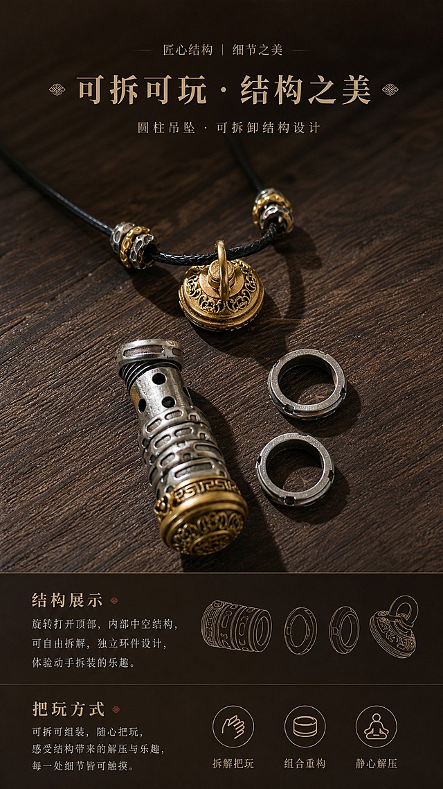 淘宝天猫详情页，9:16竖版，深色中式简约高级风格，深褐色木质台面背景，真实摄影质感，自然光侧射。画面展示可拆解的圆柱形吊坠，盖子旋开摆放，内部中空结构和独立环件整齐排列，展示可拆卸组装的结构设计。上下配有文字说明区域，介绍结构功能和把玩方式。整体极简高级，突出可拆可玩卖点。