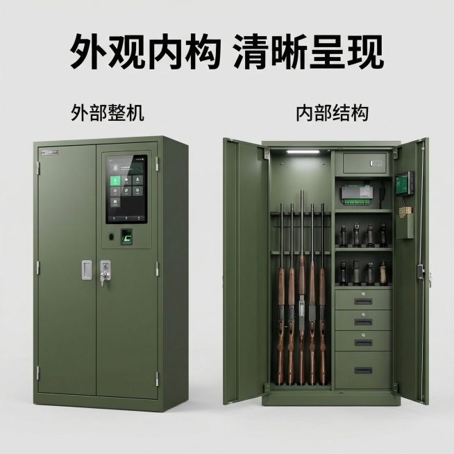 [主图主题] 智能枪弹柜双开门对比展示
[氛围/风格] 清晰直观产品展示
[画面元素] 左右分开展示，左侧关闭柜门呈现外观，右侧打开柜门展示内部结构，同产品双视角对比，背景浅灰均匀光线，整体构图平衡预览效果