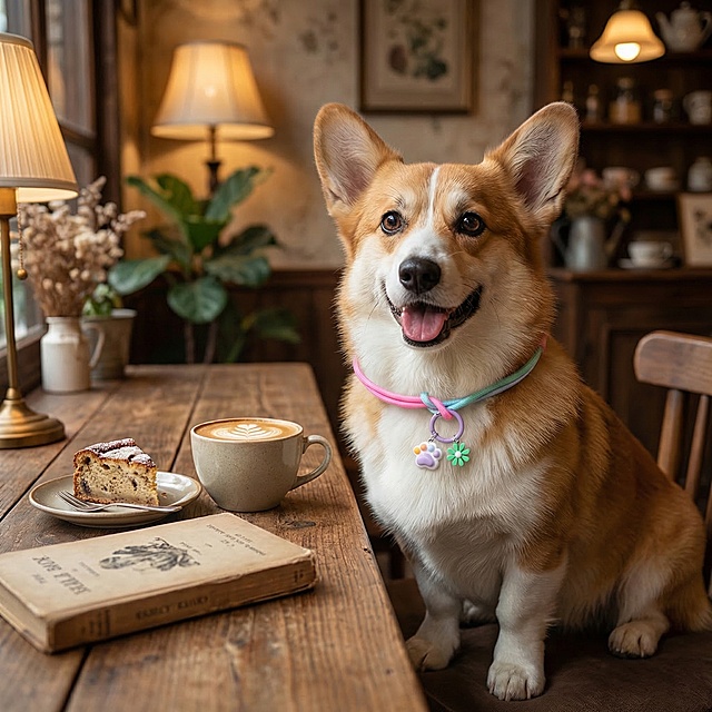 一只短腿柯基在文艺风咖啡厅的原木桌旁，准确佩戴着用户提供的这款渐变色彩编织项圈：粉绿蓝橙渐变绳身、橙色金属调节扣、紫色挂环连接白色爪印吊坠+绿色小花吊坠，项圈颜色和造型与原图完全一致，桌上放着咖啡和小蛋糕，暖黄灯光，温馨治愈的咖啡厅场景，高清摄影风格，8K细节，项圈特征高度还原
