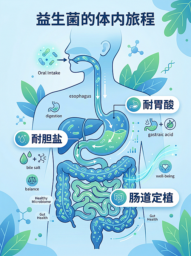 信息图表风格，展示益生菌从口腔到肠道的旅程，分别标注"耐胃酸"、"耐胆盐"、"肠道定植"三个关键节点，整体采用蓝绿色调，风格简洁现代