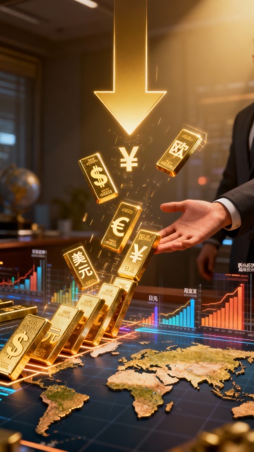 A 6:19 aspect ratio video depicting a "global currency domino effect," where the downward arrow trig预览效果