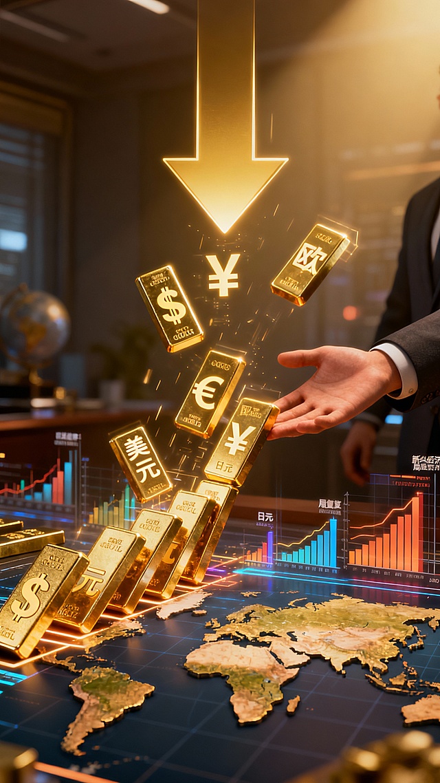 A 6:19 aspect ratio video depicting a "global currency domino effect," where the downward arrow triggers synchronized reactions across international markets. As gold bars fall, holographic currency symbols (USD, EUR, JPY) cascade like dominos, each sparking localized recovery charts in emerging economies. The hand balances the flow between collapsing and rising markets, with a 3D world map highlighting geopolitical ripple effects under cinematic golden-hour lighting.