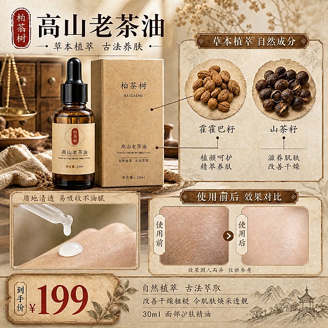 将图中左下角质地展示区域的黄色精油改成乳白色的油，包括滴管中流出的油滴和手背上的油珠都改为奶白色/乳白色，保持油的通透光泽质感和形状不变，其他所有区域（产品、成分、前后对比、价格、文字、背景）完全保持原样不变。