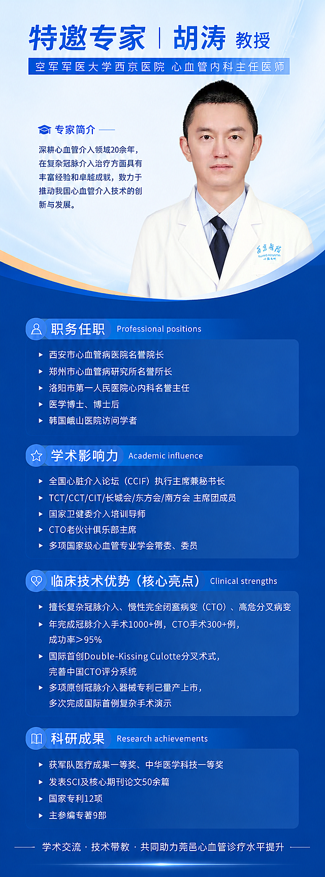 参考之前生成的蓝色医疗专家介绍长图版式和风格，将这张胡涛教授的个人照片放入专家介绍位置，生成完整的专家介绍长图。标题为“特邀专家｜胡涛 教授”，副标题为“空军军医大学西京医院 心血管内科主任医师”，包含以下内容：
职务任职：西安市心血管病医院名誉院长，郑州市心血管病研究所名誉所长，洛阳市第一人民医院心内科名誉主任，医学博士、博士后，韩国峨山医院访问学者
学术影响力：全国心脏介入论坛（CCIF）执行主席兼秘书长，TCT/CCT/CIT/长城会/东方会/南方会 主席团成员，国家卫健委介入培训导师，CTO老伙计俱乐部主席，多项国家级心血管专业学会常委、委员
临床技术优势（核心亮点）：擅长复杂冠脉介入、慢性完全闭塞病变（CTO）、高危分叉病变；年完成冠脉介入手术1000+例，CTO手术300+例，成功率＞95%；国际首创Double‑Kissing Culotte分叉术式，完善中国CTO评分系统；多项原创冠脉介入器械专利已量产上市，多次完成国际首例复杂手术演示
科研成果：获军队医疗成果一等奖、中华医学科技一等奖；发表SCI及核心期刊论文50余篇，国家专利12项，主参编专著9部
底部文字：学术交流 · 技术带教 · 共同助力莞邑心血管诊疗水平提升，整体风格保持蓝色简约医疗风，版式和参考图一致，放入提供的胡涛教授照片