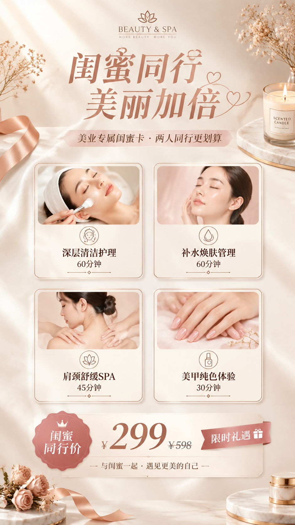 一张高级质感的美业闺蜜卡项竖版海报，9:16比例，轻奢高端风格… - 图片创意预览