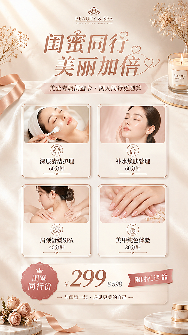 一张高级质感的美业闺蜜卡项竖版海报，9:16比例，轻奢高端风格，元素简洁有质感。画面采用玫瑰金与奶白色的低饱和配色，营造精致优雅的美业氛围。背景为柔和的奶白渐变，带有细腻的珠光纹理质感，光影从左上方柔和洒下。画面中部为4个美业项目卡片整齐排列，卡片设计简约精致，带有玫瑰金细边框。画面顶部为主标题区，底部为价格与行动号召区。装饰元素包括少量丝绸缎带、干花、香薰蜡烛等轻奢小物点缀，数量克制不杂乱。整体版式精美，层次分明，留白充足，高级有质感，超高清2K分辨率，商业海报级品质。

画面中必须完整呈现以下文字信息：
主标题："闺蜜同行 美丽加倍"
副标题："美业专属闺蜜卡 · 两人同行更划算"
项目一："深层清洁护理 60分钟"
项目二："补水焕肤管理 60分钟"
项目三："肩颈舒缓SPA 45分钟"
项目四："美甲纯色体验 30分钟"
促销标签："闺蜜同行价" "限时礼遇"

画面中所有数字必须精确渲染，不得出现错位、遗漏或编造的数字。
画面中所有信息区域、项目卡片、价格区域必须填充完整合理的内容，不得出现空白框、空白占位、横线待填写区域、空列表项，确保是完整可用的成品海报而非待填写模板。