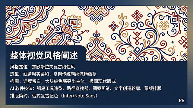 P1 封面
配图：横版 LOGO，淡斯拉夫藤蔓底纹
主标题：阿廖莎烤肉馆 —— 斯拉夫神话主题餐饮 VI 视觉设计
副标题：Illustrator 课程期末大作业
页脚：姓名｜班级｜指导教师
P2 品牌释义・斯拉夫神话与地域风俗（核心得分页）
配图：拆分元素线稿（森林灵列希、松枝、烤肉、俄式木屋）
品牌名称释义：阿廖莎（Alyosha）经典俄罗斯男性名字，充满东欧烟火气息，贴合俄式烤肉主题；
神话溯源：斯拉夫森林守护灵列希，掌管山林野兽，象征烤肉食材天然肥美，寓意食材丰盛；
地域风俗：结合高加索炭火烤肉、俄罗斯传统刺绣纹样、木屋森林文化，配色选用复古炭火、森林色系；
目标人群：喜爱异域风情、东欧美食、复古打卡的年轻消费群体。
P3 民俗 & 神话视觉元素提取
配图：分栏矢量线稿展示
神话主体：森林灵列希简化造型
自然元素：云杉松枝、野浆果、麦穗
民俗纹样：斯拉夫菱形刺绣纹、复古卷草
餐饮符号：炭火烤架、肉块、格瓦斯杯
P4 LOGO 完整设计展示
配图：手绘草稿→AI 线稿→上色成品；横版 LOGO、竖版 LOGO、纯图形图标三栏
文字：LOGO 将斯拉夫森林灵与炭火烤肉架融合，线条厚重复古，贴合东欧原野炭火氛围，全品类物料通用。
P5 标准色卡 + 标准字体规范
配图：四色色卡标注 RGB/CMYK、中英俄文字体展示
文字：配色取材俄罗斯木屋、红酒、森林植被，温暖厚重；字体选用欧式复古衬线体，契合异域复古调性。
P6 整体视觉风格阐述
配图：纹样组合留白氛围图
文字：风格定位：东欧斯拉夫复古线性风
造型：线条粗实柔和，复刻传统刺绣流畅藤蔓；
构图：适度留白，大块纯色底突出主体，极简现代版式；
AI 软件技法：钢笔工具造型、路径查找器、图案画笔、文字创建轮廓、蒙版排版。
P7 斯拉夫主题宣传海报（4 张横向并排）
米白底海报：森林灵 + 松枝，标语：山林鲜狩，炭火烤肉
酒红底海报：炭火烤架肉块，标语：阿廖莎烤肉馆
墨绿底海报：满铺菱形刺绣底纹，放大横版 LOGO
原木棕海报：俄式小木屋 + 浆果线条，白色主图形
P8 饮品纸杯、杯套、圆形封口贴纸
配图：三色纸杯 + 长条杯带 + 圆形贴纸
文字：适配格瓦斯、果饮外带，杯身印刷简化森林灵纹样，统一品牌视觉。
P9 餐盒腰封、装饰胶带、异形封口贴
配图：长款腰封、窄胶带、方形 / 菱形贴纸
文字：外卖烤肉打包专用，底纹循环斯拉夫刺绣纹，LOGO 居中，强化品牌识别。
P10 文创周边：徽章、吊旗、亚克力挂件
配图：圆形森林灵徽章、竖向罗马吊旗、挂件
文字：提取 LOGO 核心图形制作周边，可作为消费赠礼、门店墙面装饰，传播斯拉夫神话概念。
P11 餐垫与品牌名片
配图：方形餐垫、横版名片并排
文字：餐垫淡菱形刺绣底纹，中心放大 LOGO；名片左侧图形标，右侧门店地址、订餐电话。
P12 全套 VI 物料整合大图（核心展示页）
配图：灰色背景拼接全部设计物料
小字注解：全套视觉物料整合展示，呈现斯拉夫神话元素在烤肉馆各类载体的统一落地效果。
P13 市场定位与营销策略
配图：低透明度藤蔓底纹
市场定位：特色俄式高加索炭火烤肉馆，主打异域神话打卡、高品质肉食；
线上宣传：社交平台科普斯拉夫森林灵神话故事，烤肉美食拍照种草；
线下活动：俄式传统节日主题活动，消费赠送神话徽章、贴纸周边；
品牌愿景：以斯拉夫神话为特色，打造兼具异域文化与烟火气的特色烤肉空间。
P14 总结 & 感谢观看
配图：淡化缩小版 LOGO 背景
文字：本次《阿廖莎烤肉馆》VI 设计以俄罗斯斯拉夫神话、东欧民俗饮食为创作根基，全程使用 Adobe Illustrator 完成全套矢量视觉设计，熟练运用钢笔绘图、图案制作、字体改造、版式排版等课程核心知识点，完成 LOGO 规范、餐饮包装、文创物料完整设计，实现传统异域神话民俗与现代餐饮视觉融合。