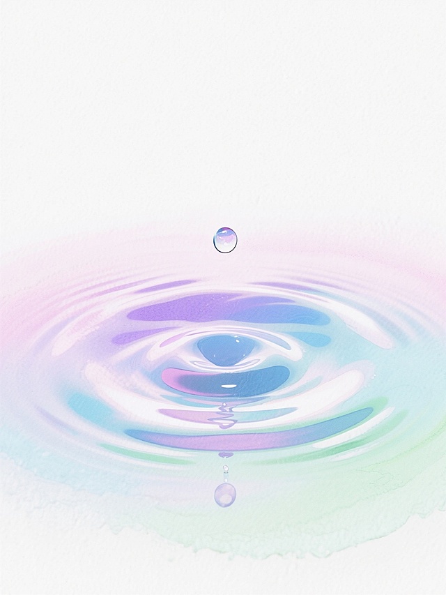 超现实水彩风格，纯净白色背景，中心水滴坠入水面激起层层彩色涟漪，从内到外呈现渐变的粉紫、湖蓝与薄荷绿，半透明水彩晕染质感，柔和边缘过渡，光影朦胧梦幻，水滴倒影清晰，涟漪波纹富有流动性，整体清新治愈，艺术感十足的抽象水景