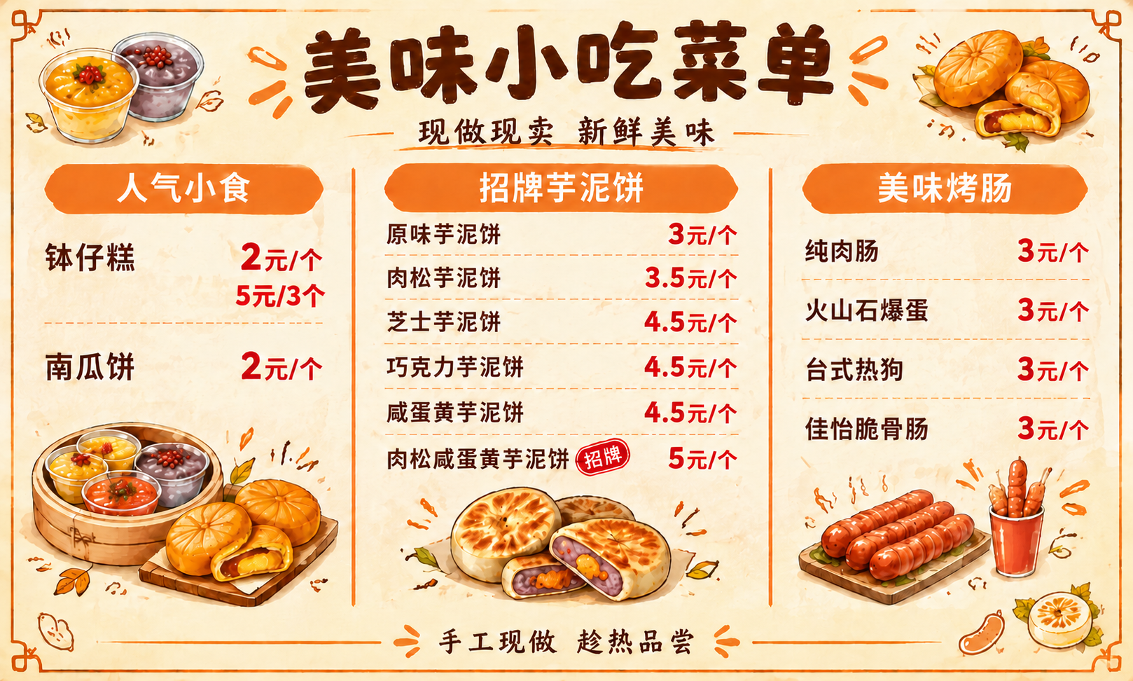 将钵仔糕下方的"5元/3个"文字调整为与其他价格（如"2元/个… - 图片创意预览
