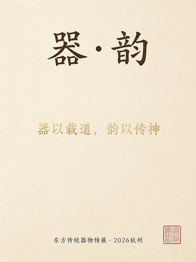 [第1屏] 详情页头图-东方传统器物展“器·韵”主视觉封面。本屏整体延续参考图的新中式素雅留白风格，浅米宣纸质感背景。
[氛围/风格] 静谧高级的新中式展览氛围，简约留白，东方美学质感，商业摄影级清晰质感。
[元素布局] 页面顶部居中放置“器·韵”大标题，下方留大段空白，中心位置淡金色烫金文字“器以载道，韵以传神”，底部小字标注展览信息“东方传统器物特展·2026杭州”，右下角预留印章区域，整体构图透气简洁，主体文字层次清晰不拥挤，保持与参考图一致的排版结构。
[光影质感] 柔光均匀打光，文字烫金处保留轻微光泽感，整体干净素雅。
[配色色系] 全局底色#F5F0E6米黄色，主色深棕标题字，辅助色淡金色标语，保持整体素雅风格。
[视角构图] 竖向构图，居中对齐，阅读动线从上至下，符合移动端观看习惯。
[文字版式] 顶部大标题“器·韵”，中部标语“器以载道，韵以传神”，底部展览信息，文字间距舒朗，大小层级分明，不拥挤不遮挡。
[比例分辨率] 3:4竖版比例，4K分辨率，文字清晰可辨，高清画质。
[负向提示词] 文字错乱，文字过小，背景杂乱，水印，产品变形，颜色偏差。