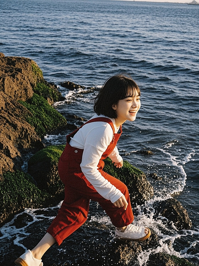 海边岩石上，少女笑颜如花，清新自然，文艺风十足，实景感强烈。