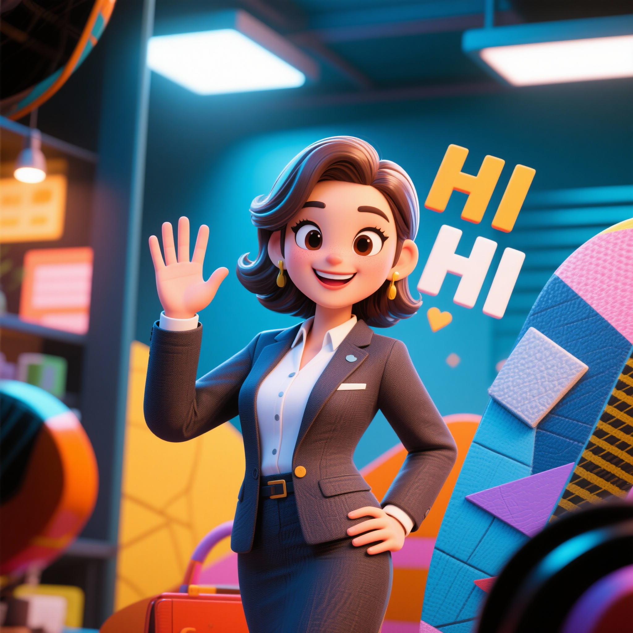 1个商务女性挥手打招呼，说HI - 图片创意预览