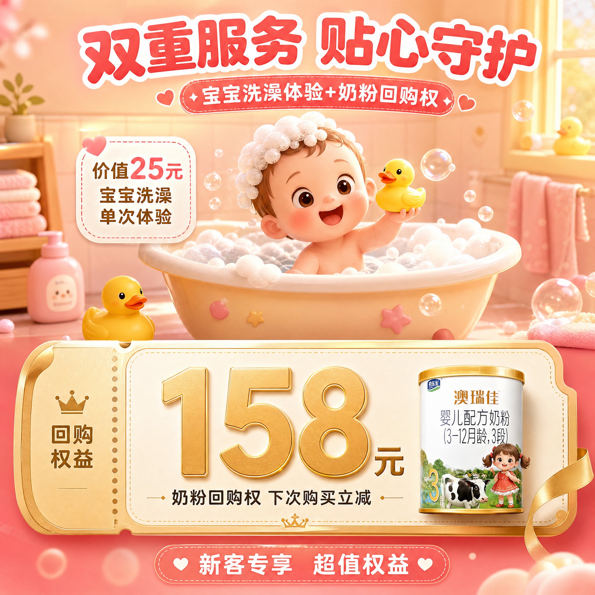 [主图-5] 澳瑞佳新客礼包 服务权益展示图，主题为宝宝洗澡体… - 图片创意预览