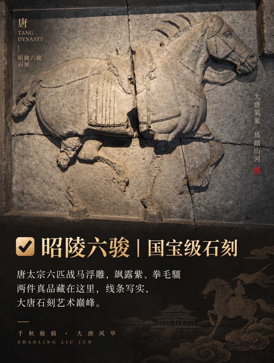 基于这张昭陵六骏石刻实拍图，制作成3:4竖版石刻文物介绍图，碑… - 图片创意预览